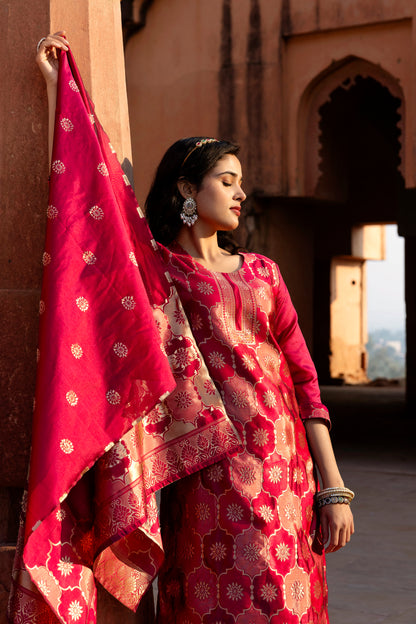 Soft Silk Jacquard Kurti Set with Matching Bottom & Jacquard Dupatta