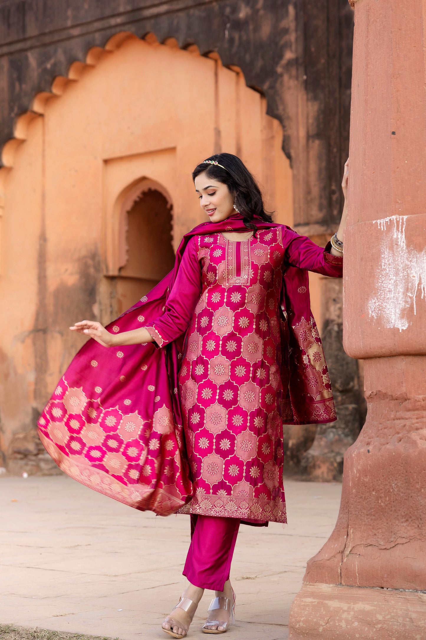 Soft Silk Jacquard Kurti Set with Matching Bottom & Jacquard Dupatta