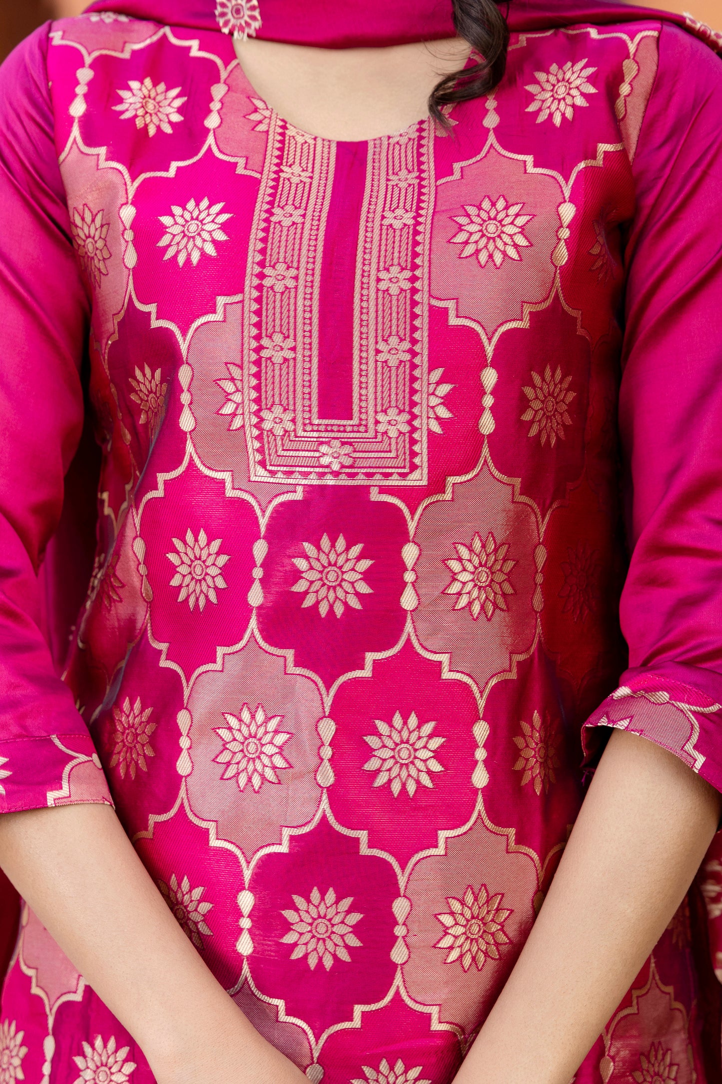 Soft Silk Jacquard Kurti Set with Matching Bottom & Jacquard Dupatta