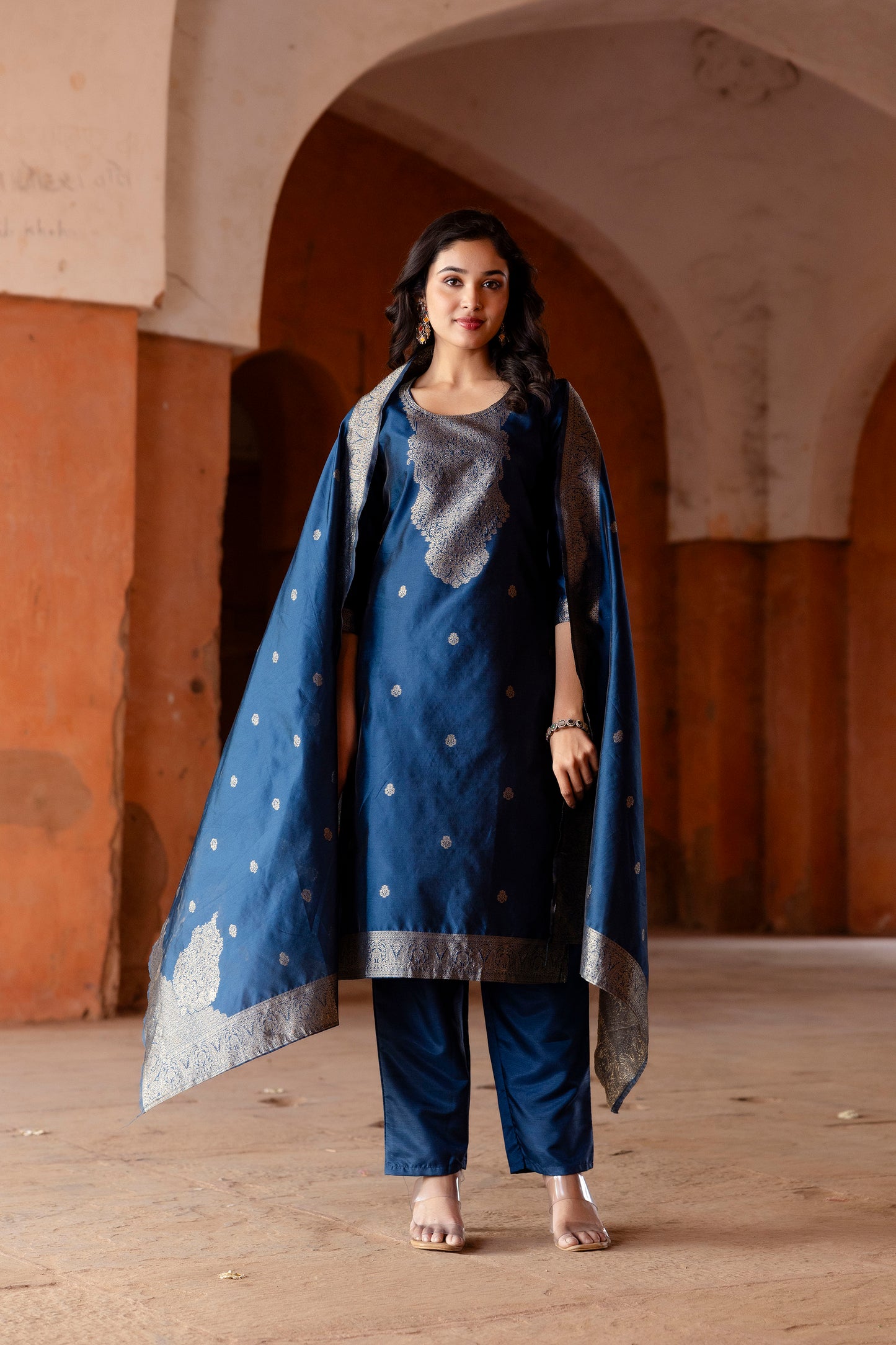 Luxury Soft Silk Kurti Ensemble Detailed in Jacquard with Full-Length Dupatta