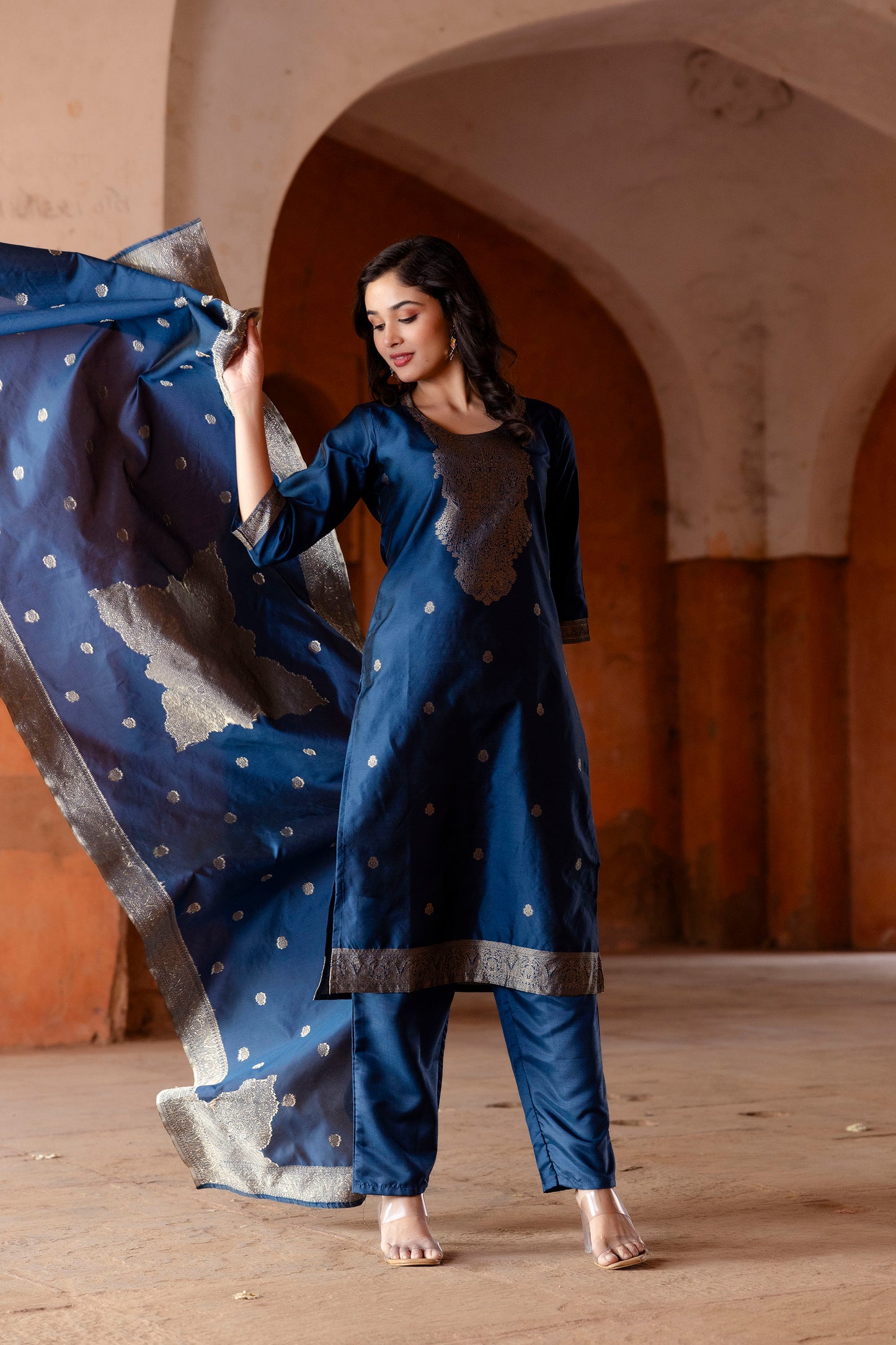 Luxury Soft Silk Kurti Ensemble Detailed in Jacquard with Full-Length Dupatta