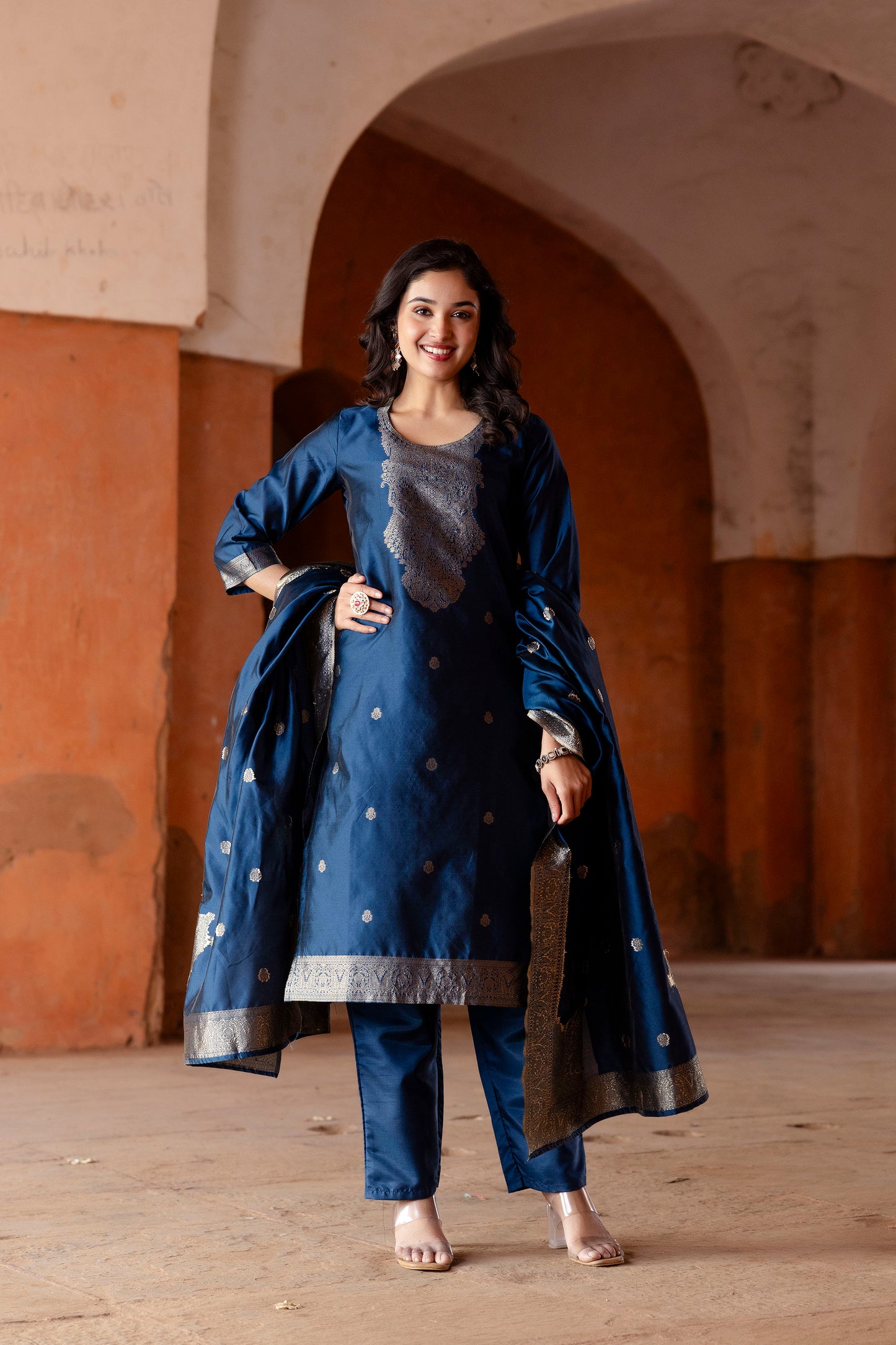 Luxury Soft Silk Kurti Ensemble Detailed in Jacquard with Full-Length Dupatta