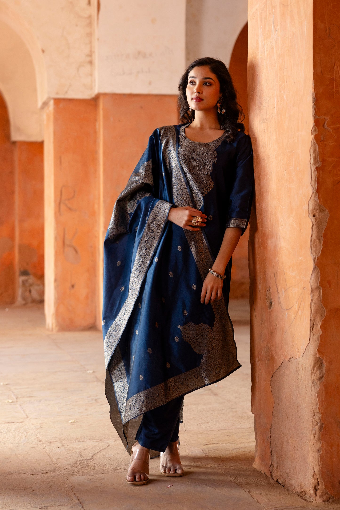 Luxury Soft Silk Kurti Ensemble Detailed in Jacquard with Full-Length Dupatta