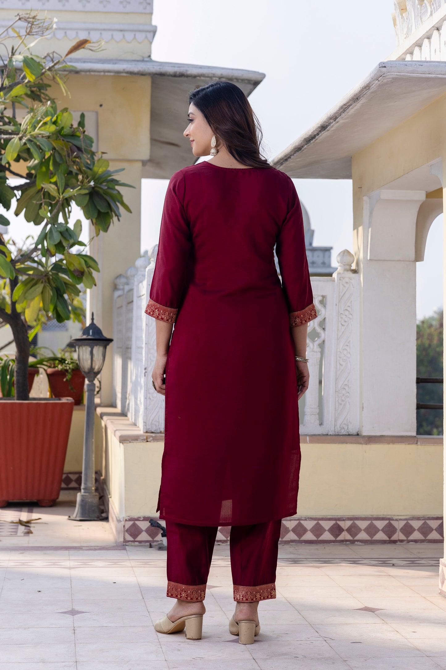 Royal Maroon Roman Silk Ensemble with Elegant White Embroidery Accents