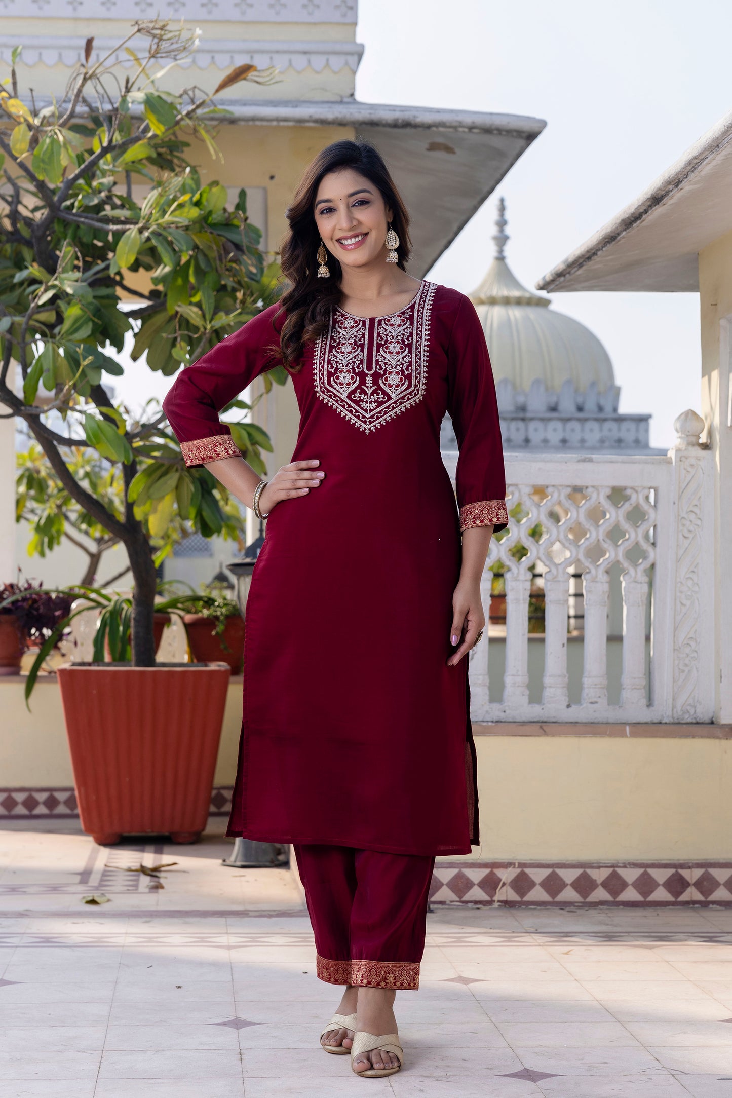 Royal Maroon Roman Silk Ensemble with Elegant White Embroidery Accents