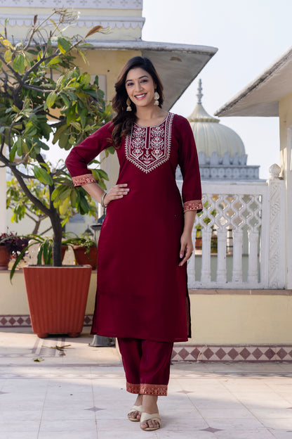 Royal Maroon Roman Silk Ensemble with Elegant White Embroidery Accents