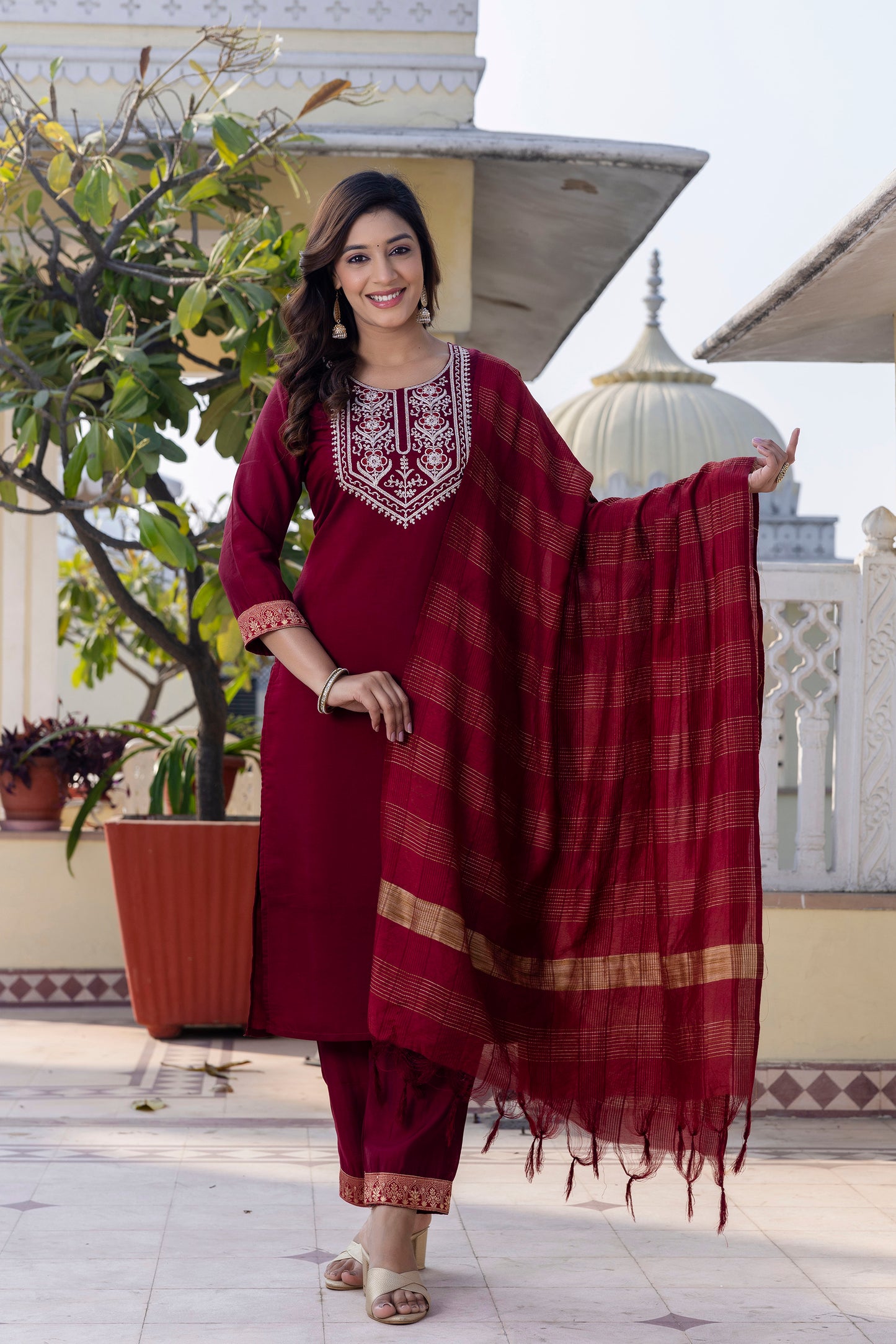 Royal Maroon Roman Silk Ensemble with Elegant White Embroidery Accents