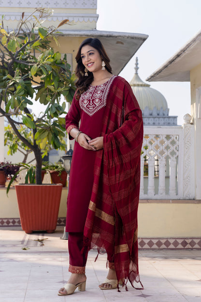 Royal Maroon Roman Silk Ensemble with Elegant White Embroidery Accents