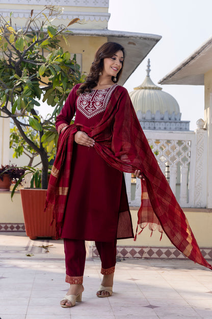 Royal Maroon Roman Silk Ensemble with Elegant White Embroidery Accents
