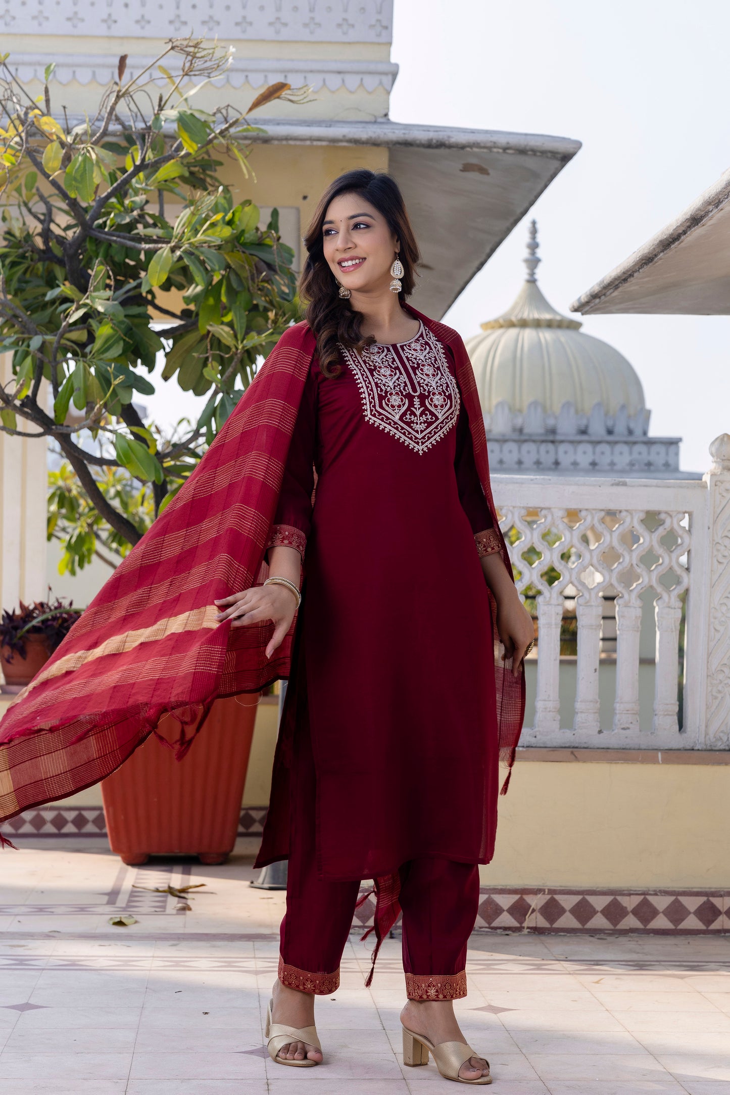 Royal Maroon Roman Silk Ensemble with Elegant White Embroidery Accents