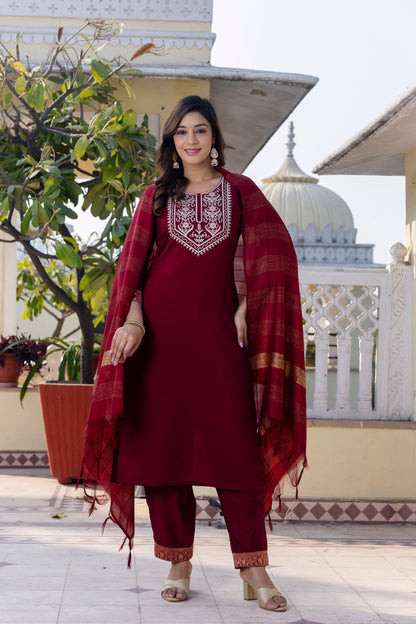 Royal Maroon Roman Silk Ensemble with Elegant White Embroidery Accents