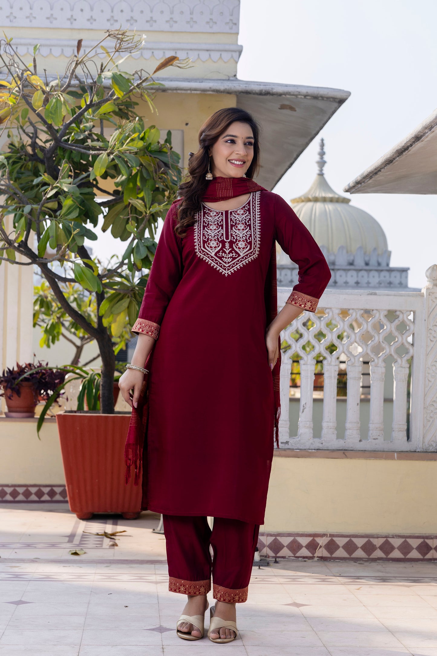 Royal Maroon Roman Silk Ensemble with Elegant White Embroidery Accents