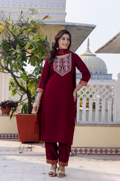 Royal Maroon Roman Silk Ensemble with Elegant White Embroidery Accents