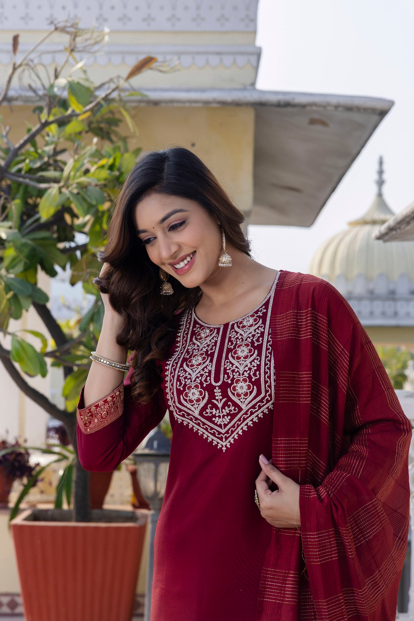 Royal Maroon Roman Silk Ensemble with Elegant White Embroidery Accents