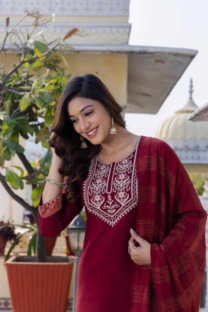 Royal Maroon Roman Silk Ensemble with Elegant White Embroidery Accents