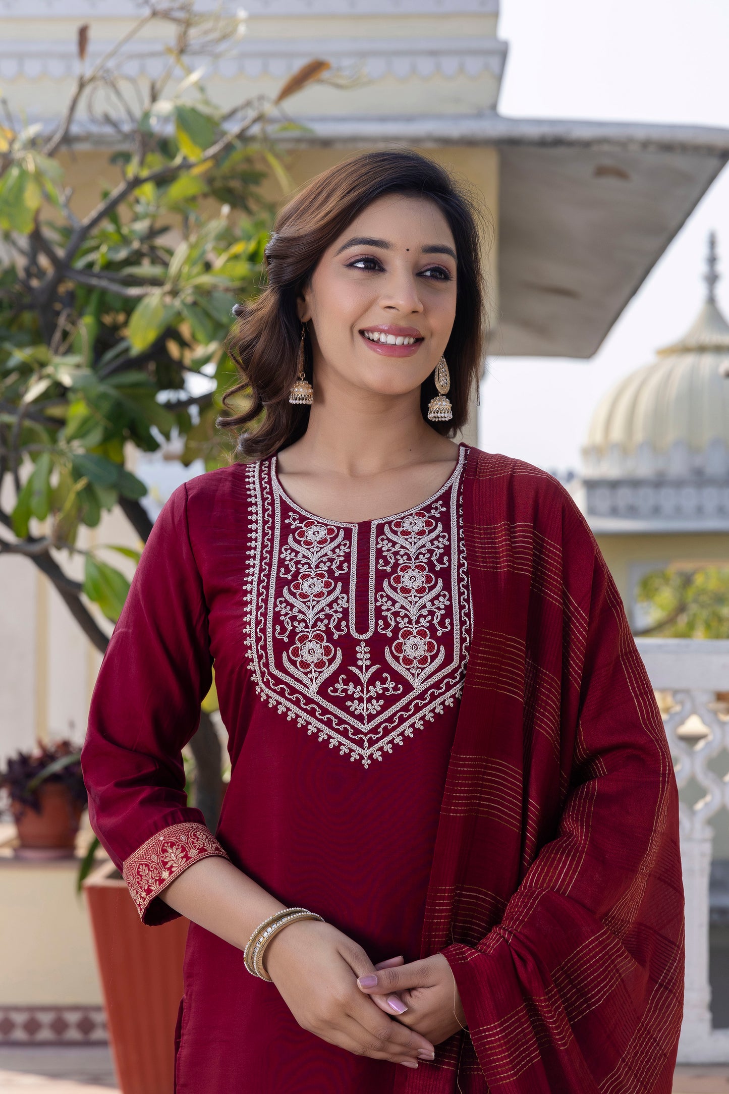 Royal Maroon Roman Silk Ensemble with Elegant White Embroidery Accents