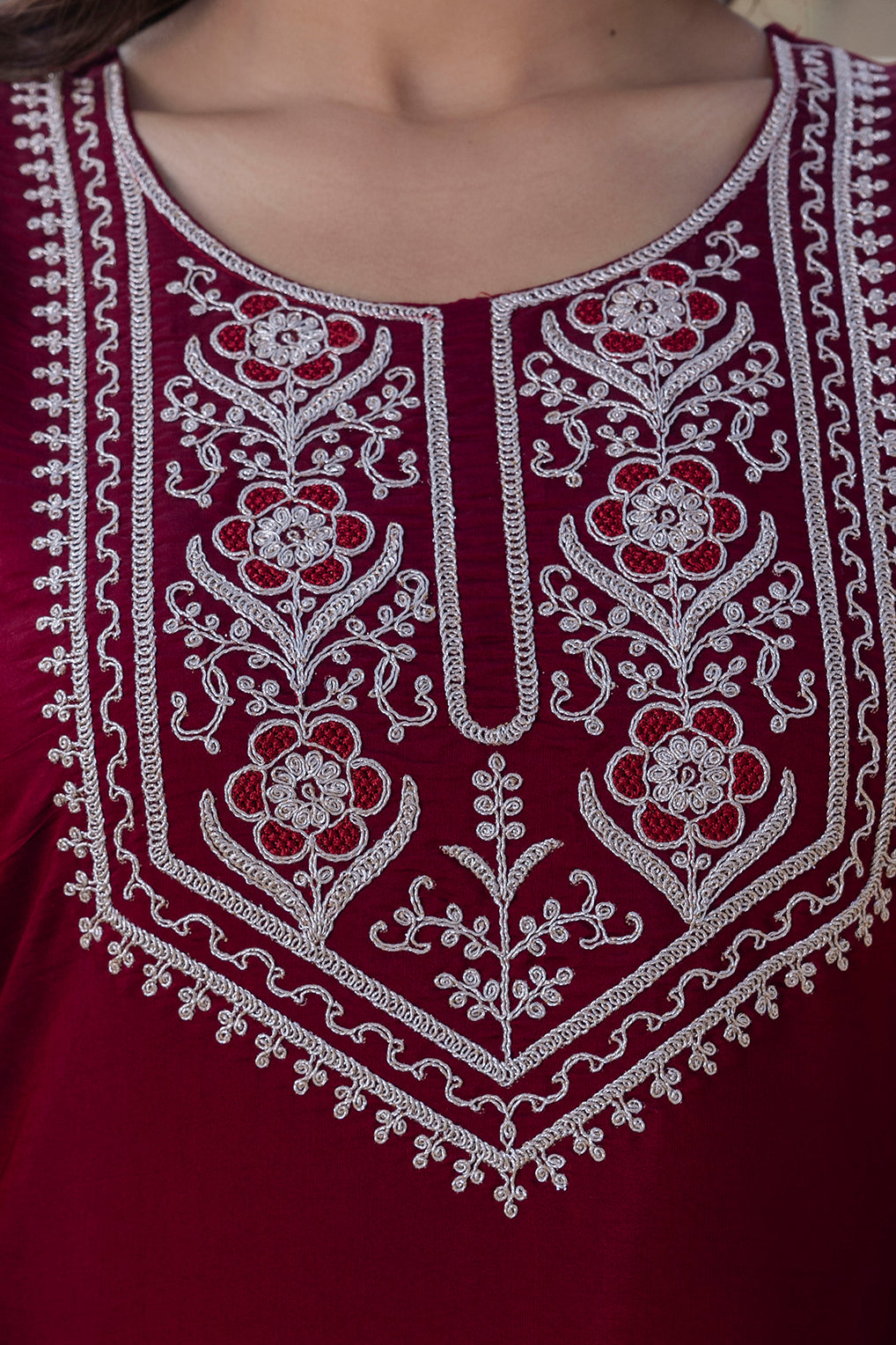 Royal Maroon Roman Silk Ensemble with Elegant White Embroidery Accents