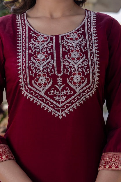 Royal Maroon Roman Silk Ensemble with Elegant White Embroidery Accents