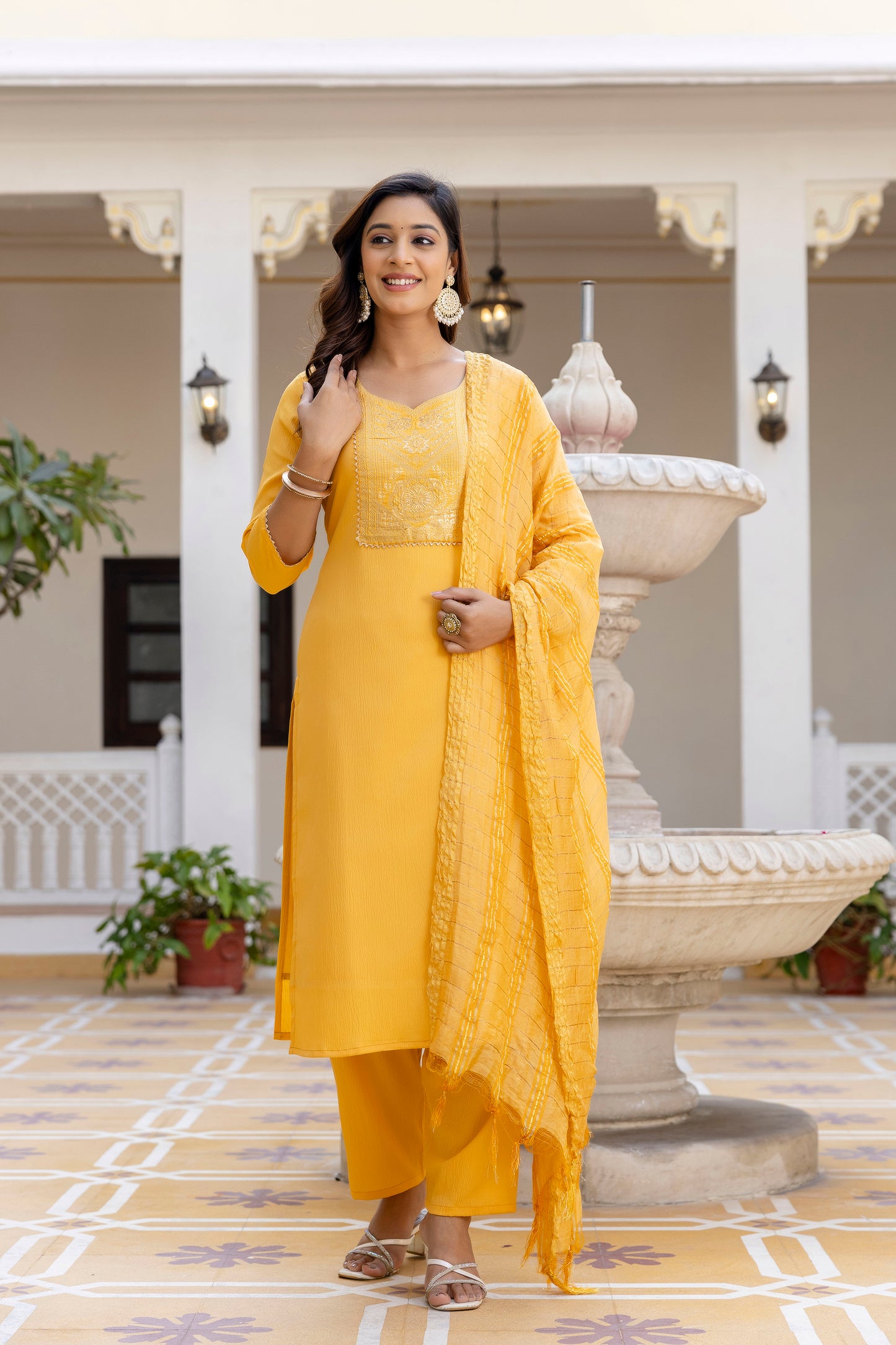 Luxury Silk Suit Set with Rich Jacquard Detailing & Feather-Light Dupatta