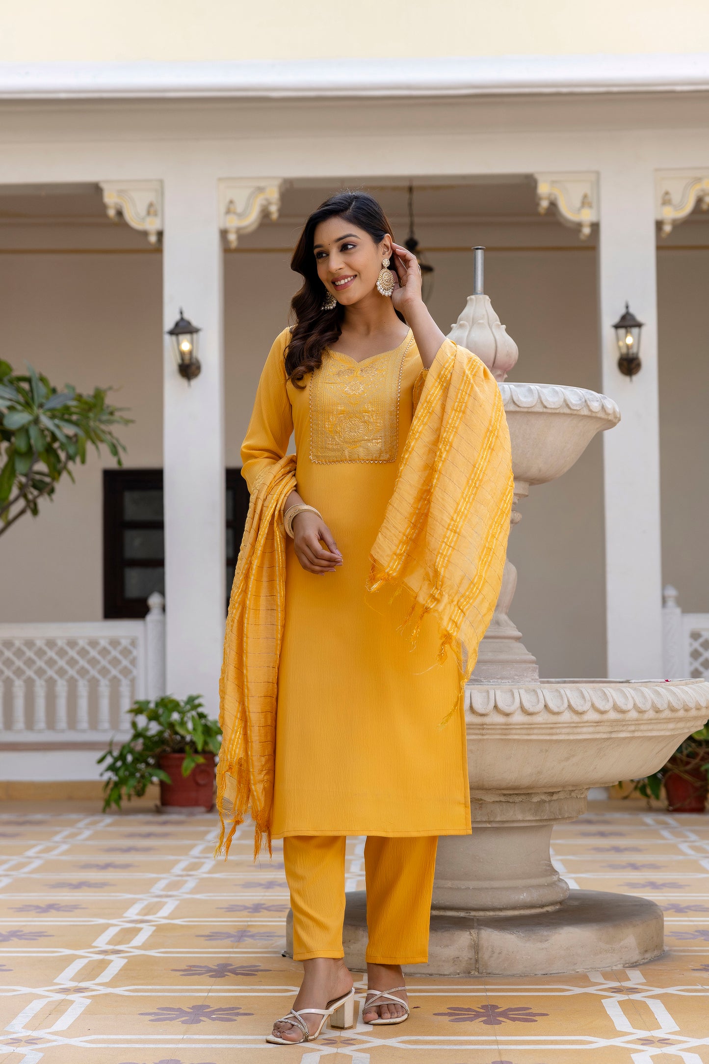 Luxury Silk Suit Set with Rich Jacquard Detailing & Feather-Light Dupatta