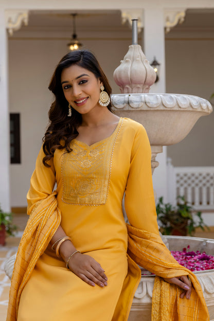 Luxury Silk Suit Set with Rich Jacquard Detailing & Feather-Light Dupatta