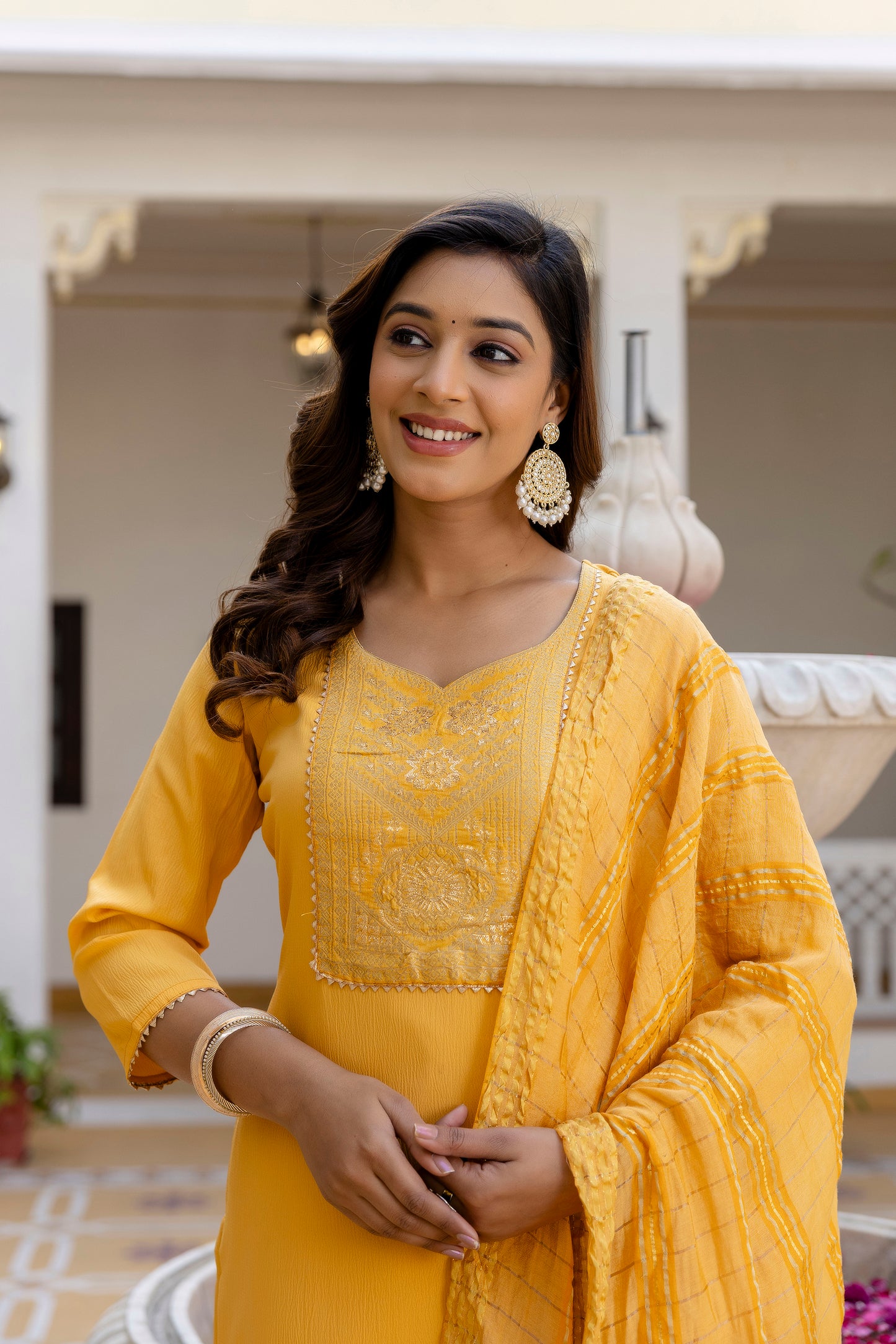 Luxury Silk Suit Set with Rich Jacquard Detailing & Feather-Light Dupatta