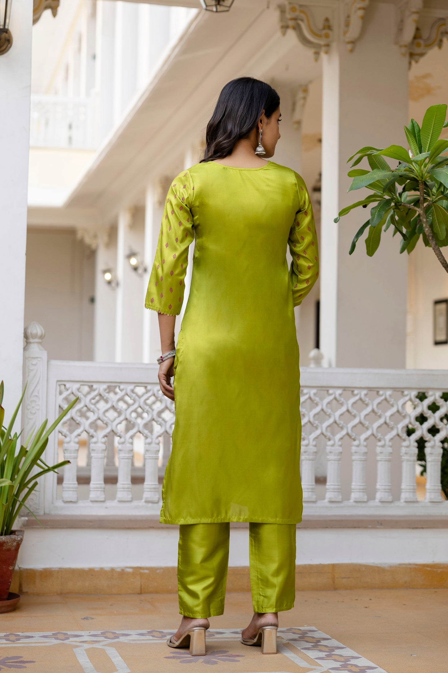 Festive Glow Outfit in Lime Silk with Hot Pink–Orange Chandery Dupatta Flair