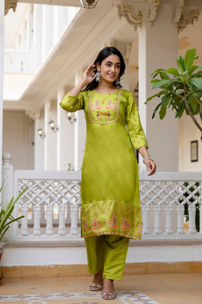Festive Glow Outfit in Lime Silk with Hot Pink–Orange Chandery Dupatta Flair