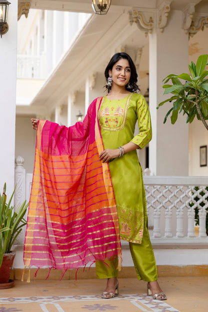 Festive Glow Outfit in Lime Silk with Hot Pink–Orange Chandery Dupatta Flair