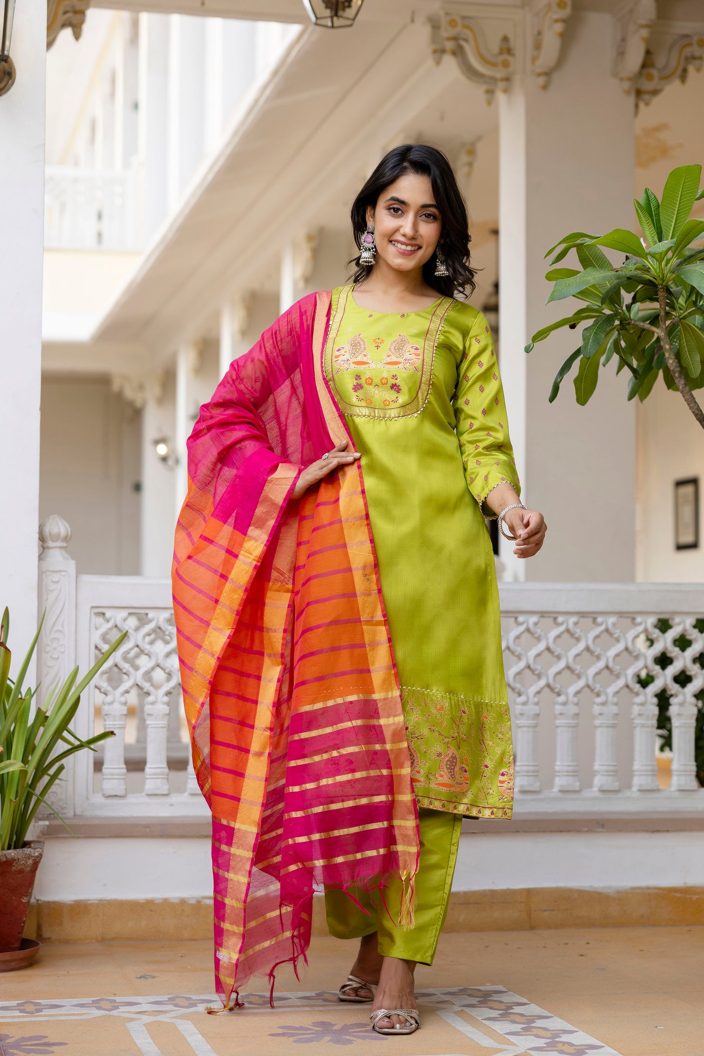 Festive Glow Outfit in Lime Silk with Hot Pink–Orange Chandery Dupatta Flair