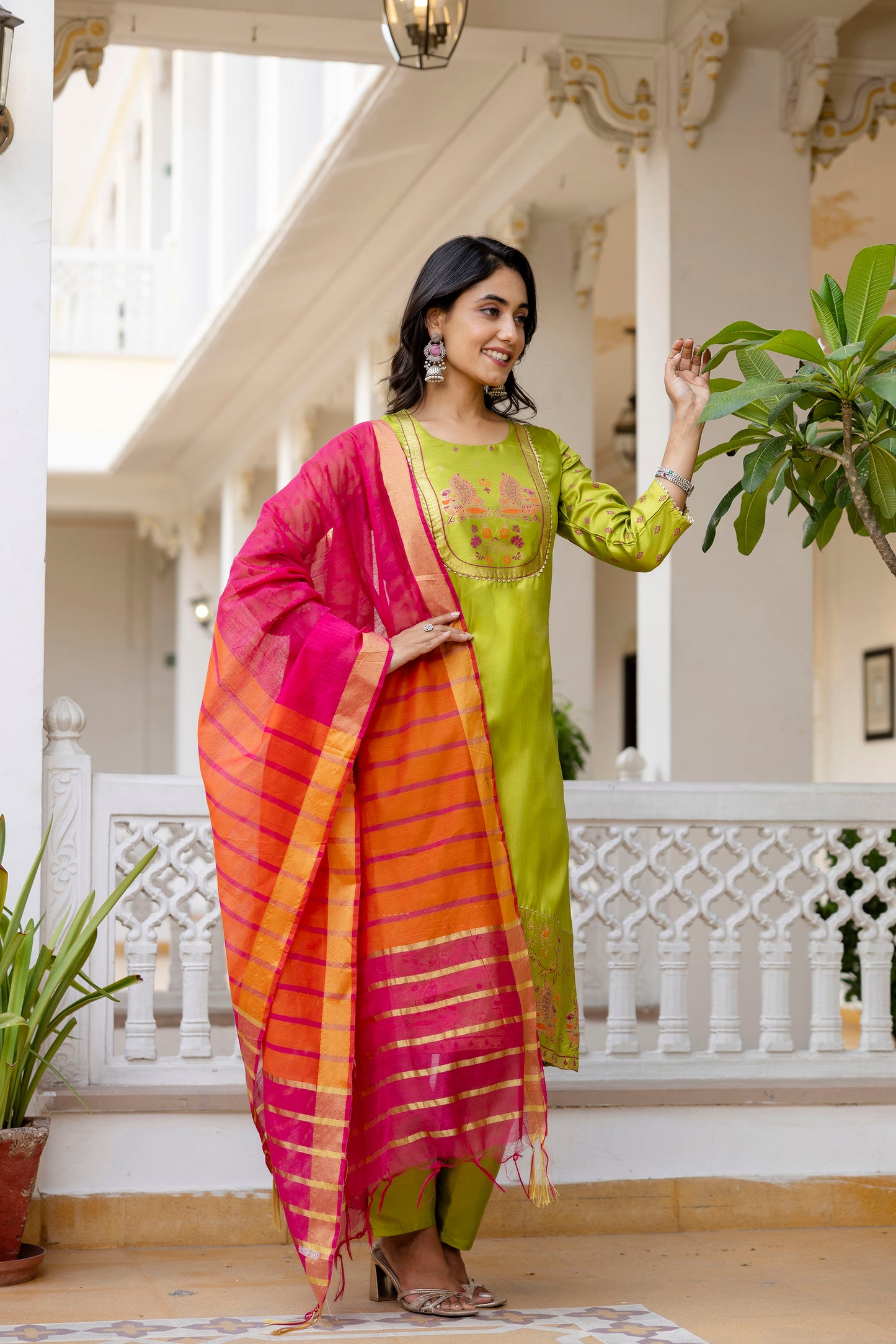 Festive Glow Outfit in Lime Silk with Hot Pink–Orange Chandery Dupatta Flair