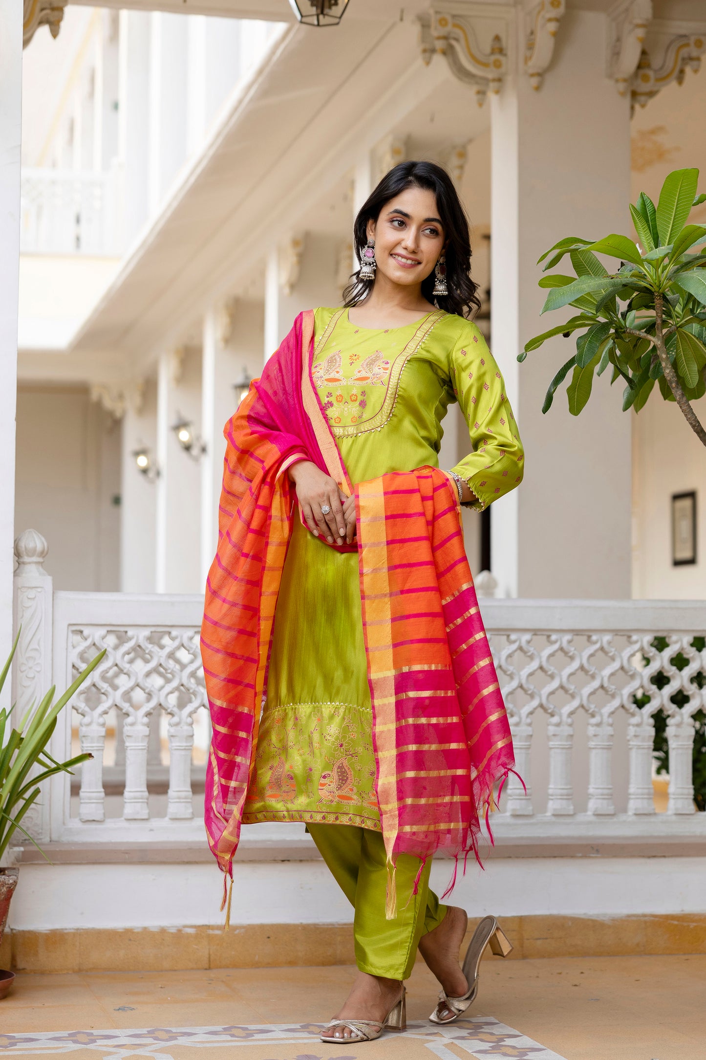 Festive Glow Outfit in Lime Silk with Hot Pink–Orange Chandery Dupatta Flair