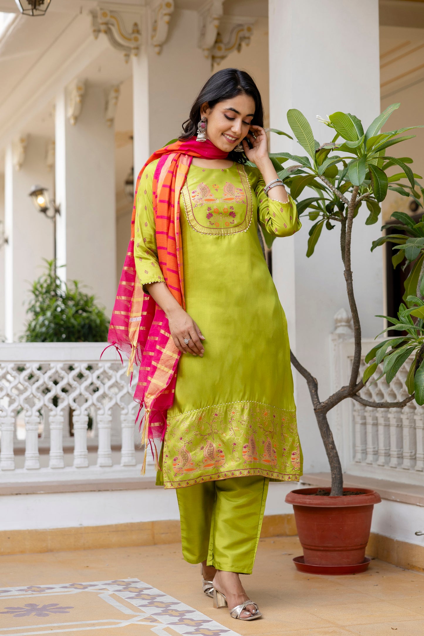 Festive Glow Outfit in Lime Silk with Hot Pink–Orange Chandery Dupatta Flair