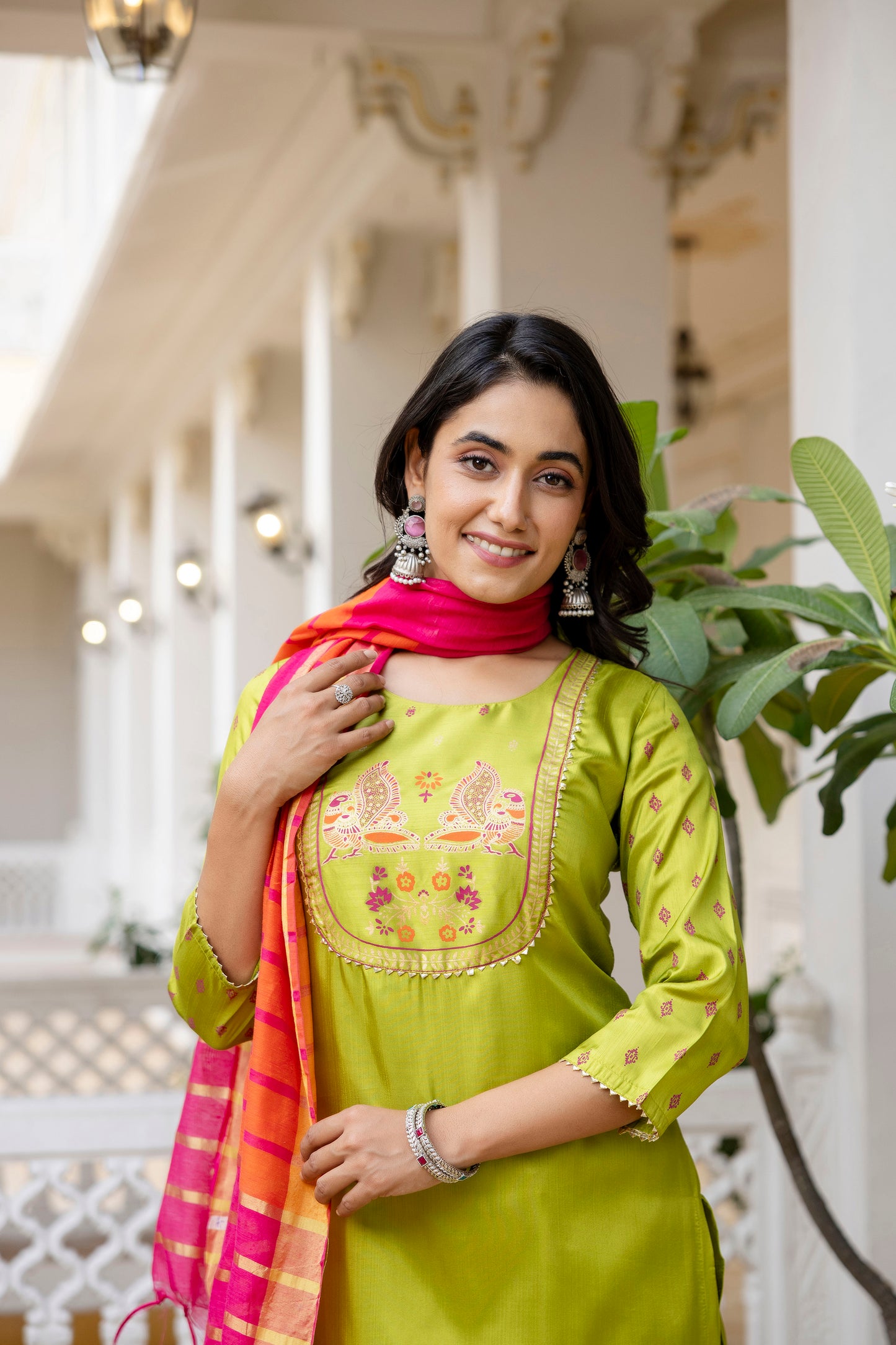 Festive Glow Outfit in Lime Silk with Hot Pink–Orange Chandery Dupatta Flair
