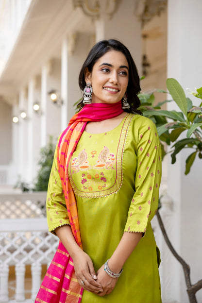 Festive Glow Outfit in Lime Silk with Hot Pink–Orange Chandery Dupatta Flair