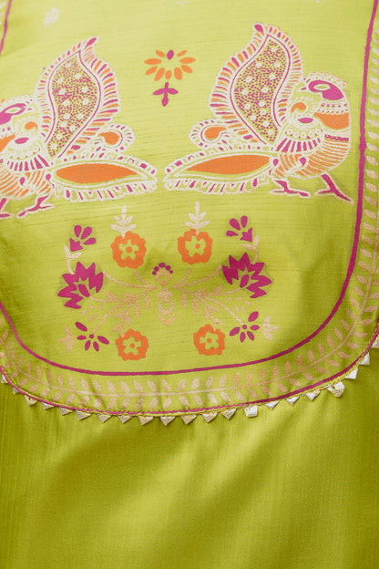 Festive Glow Outfit in Lime Silk with Hot Pink–Orange Chandery Dupatta Flair