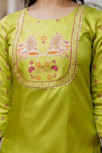 Festive Glow Outfit in Lime Silk with Hot Pink–Orange Chandery Dupatta Flair