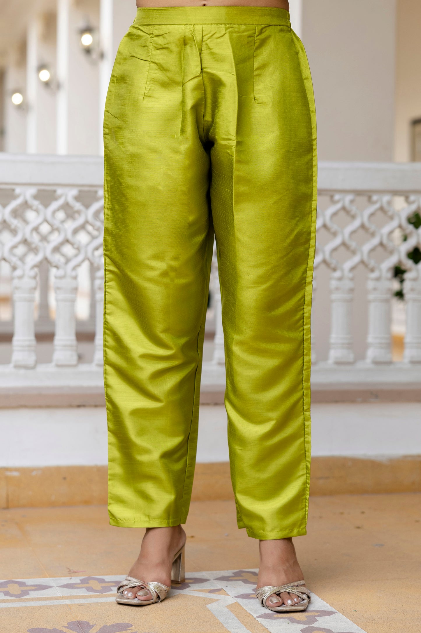 Festive Glow Outfit in Lime Silk with Hot Pink–Orange Chandery Dupatta Flair