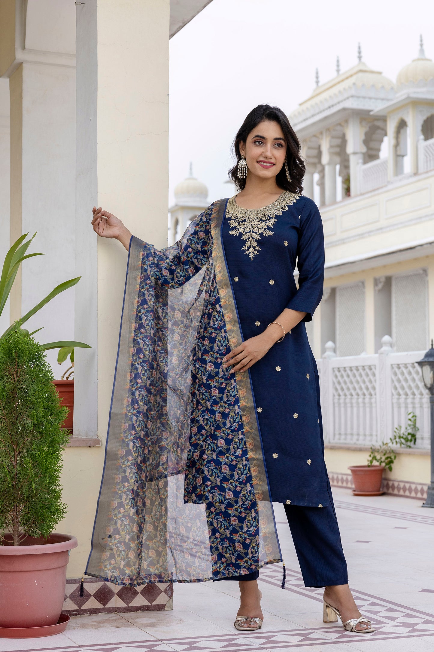 Premium Rayon Embroidery Suit Set with Organza Dupatta