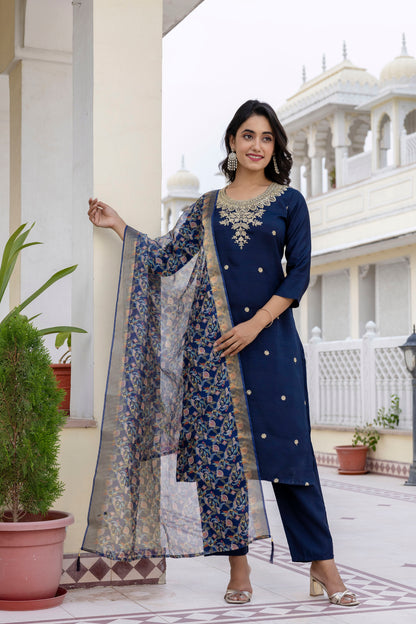 Premium Rayon Embroidery Suit Set with Organza Dupatta