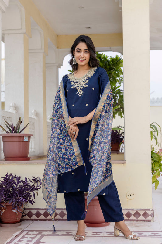 Premium Rayon Embroidery Suit Set with Organza Dupatta