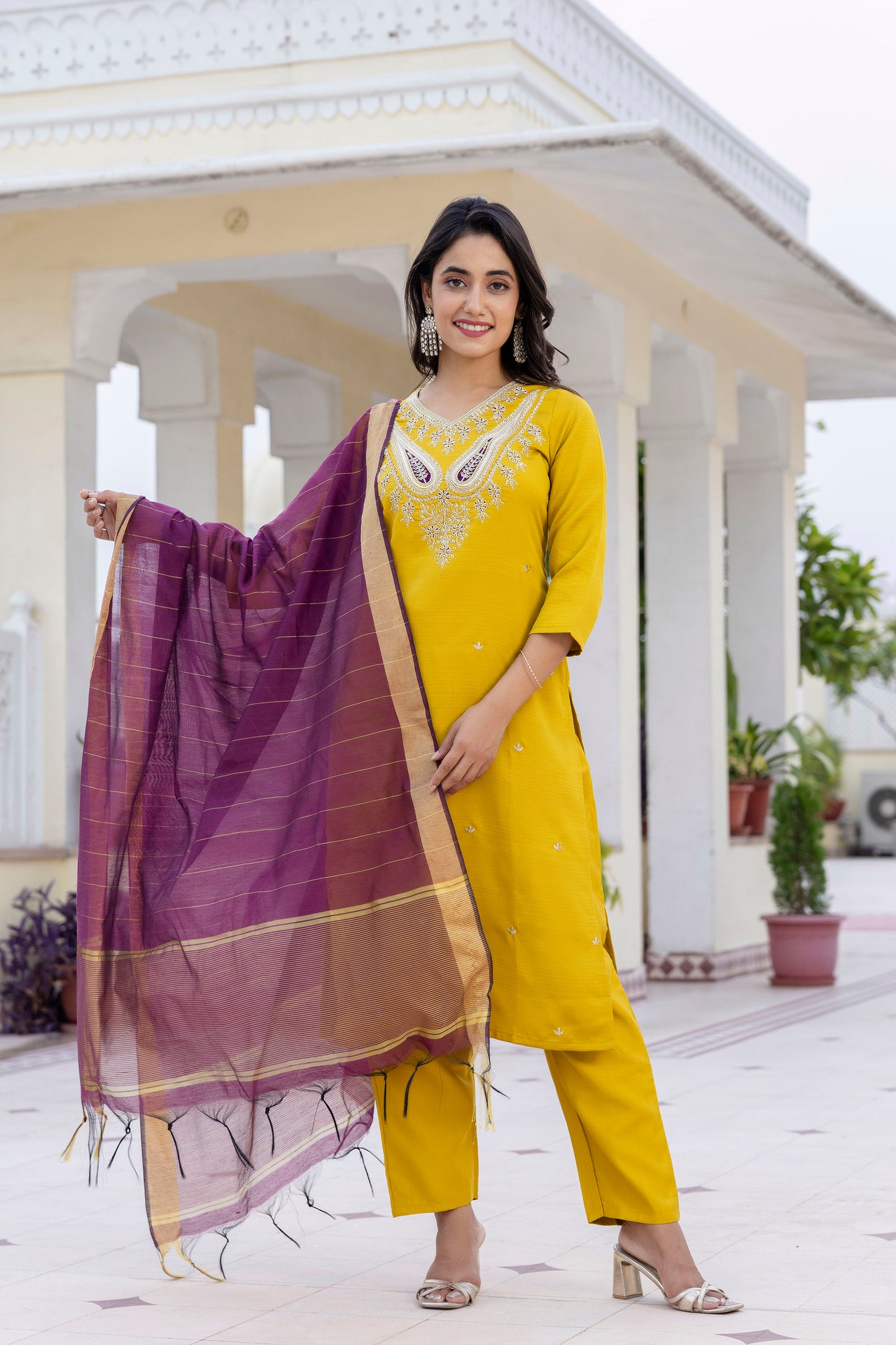 Sunshine Yellow Ethnic Set with Rich Chandery Dupatta Charm