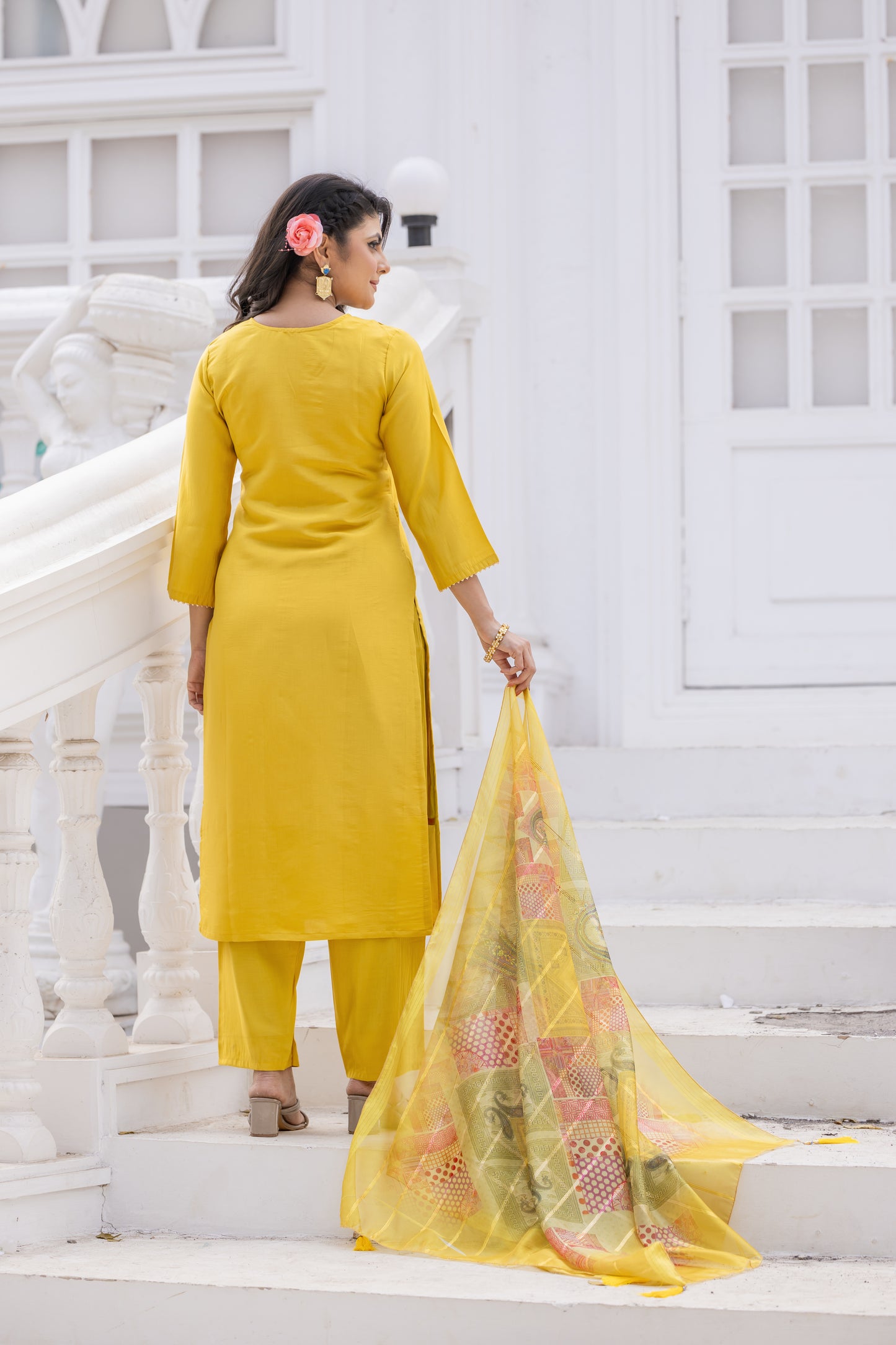 Designer Roman Silk Suit for Women | Jacquard Kurti + Bottom with Printed Organza Dupatta