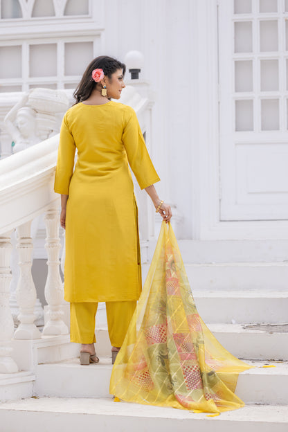Designer Roman Silk Suit for Women | Jacquard Kurti + Bottom with Printed Organza Dupatta