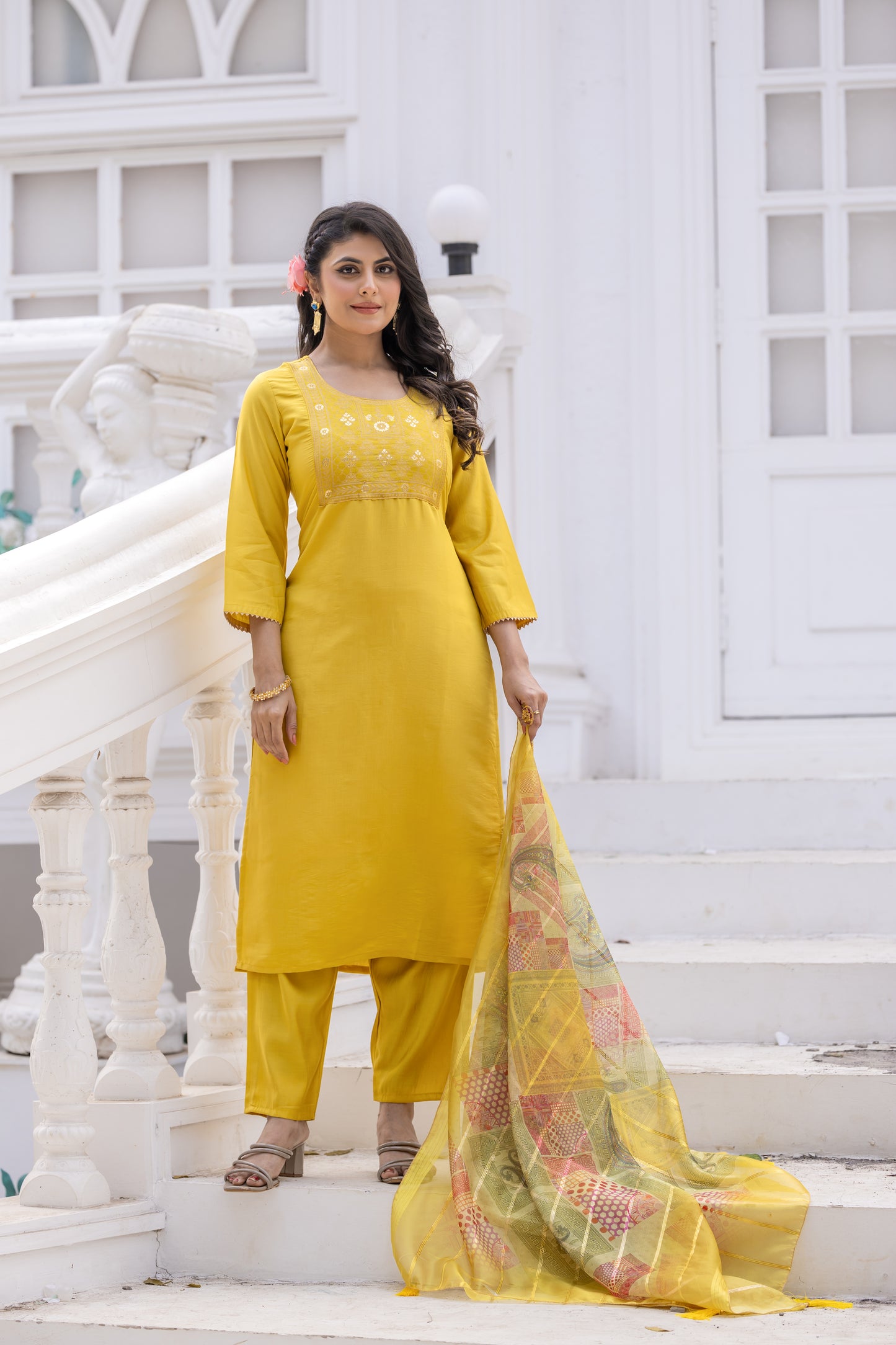Designer Roman Silk Suit for Women | Jacquard Kurti + Bottom with Printed Organza Dupatta