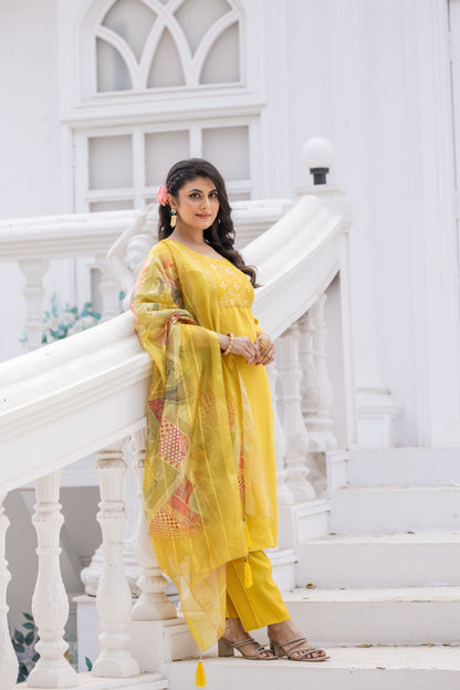 Designer Roman Silk Suit for Women | Jacquard Kurti + Bottom with Printed Organza Dupatta