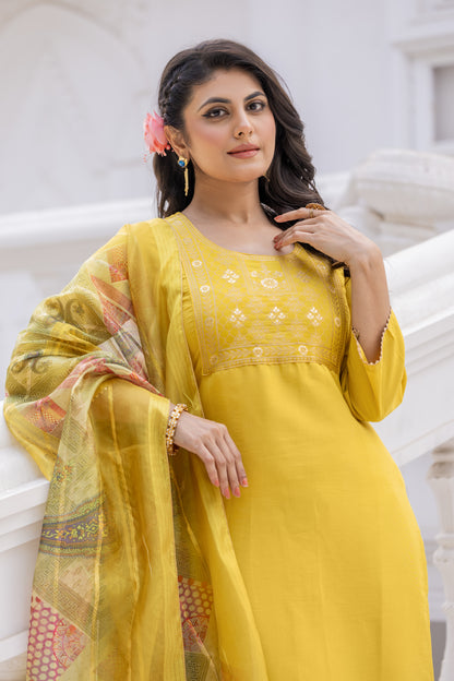 Designer Roman Silk Suit for Women | Jacquard Kurti + Bottom with Printed Organza Dupatta
