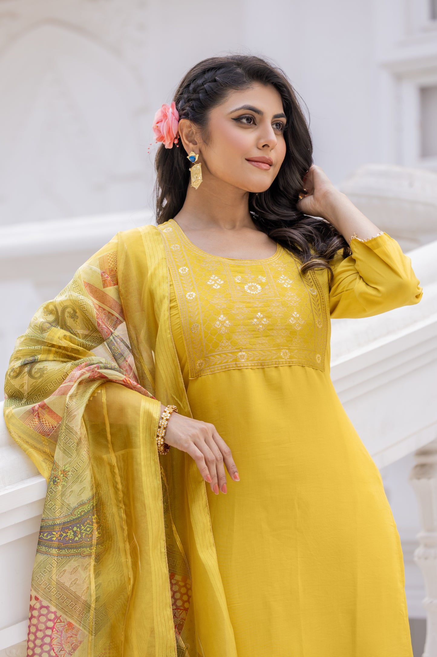 Designer Roman Silk Suit for Women | Jacquard Kurti + Bottom with Printed Organza Dupatta